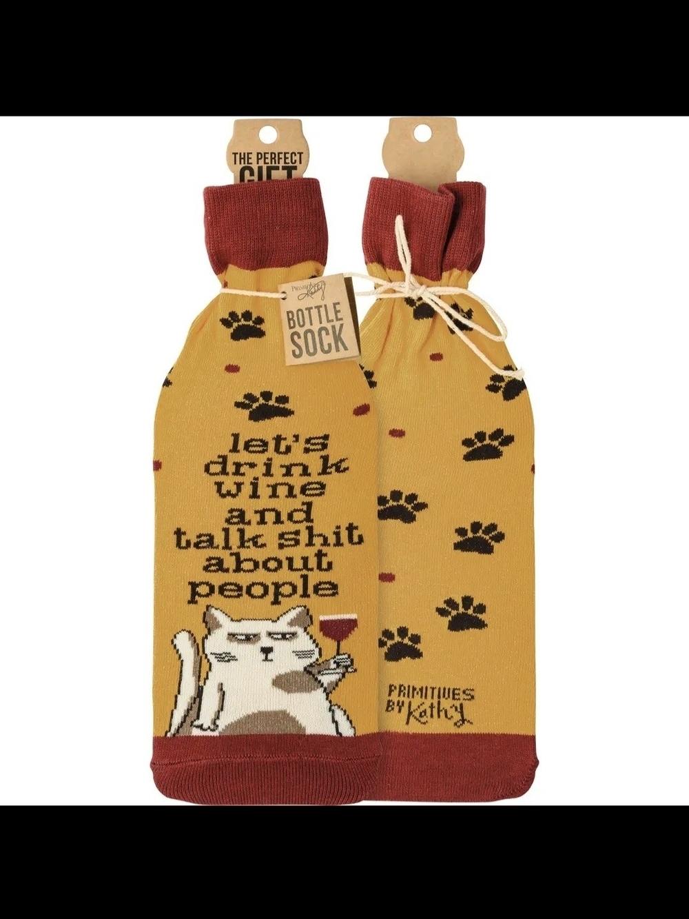 Primitives by Kathy Yellow and Red Cat Wine Bottle Sock with Paw Prints